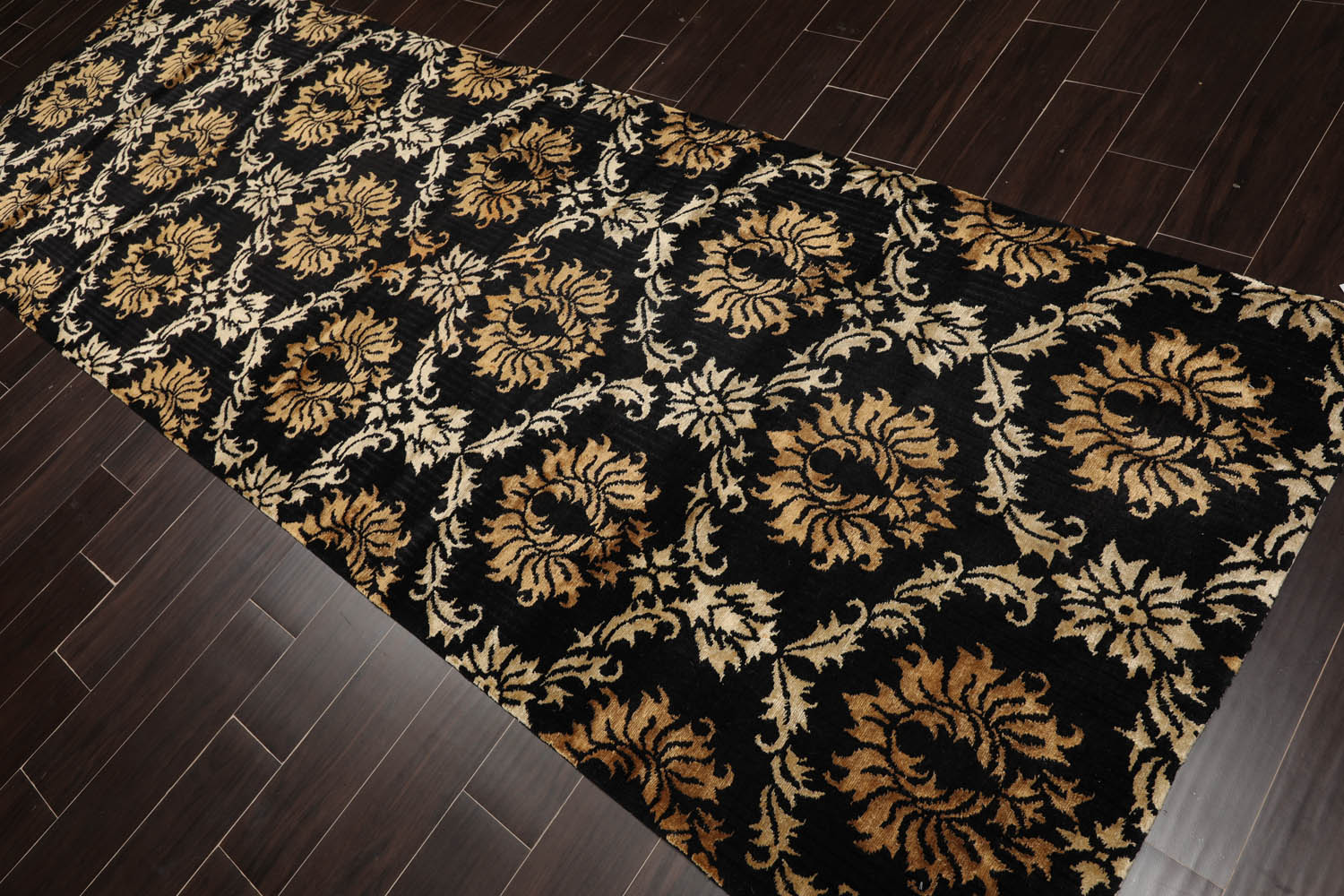 Runner Black, Gold, Beige Color Hand Knotted  100% Wool Transitional Oriental Rug