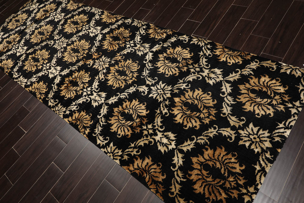 Runner Black, Gold, Beige Color Hand Knotted  100% Wool Transitional Oriental Rug