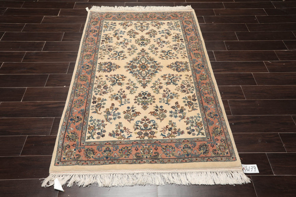 4x6 Ivory, Rose, Blue Color Hand Knotted Kerman 100% Wool Traditional Oriental Rug