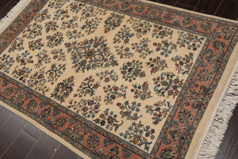 4x6 Ivory, Rose, Blue Color Hand Knotted Kerman 100% Wool Traditional Oriental Rug