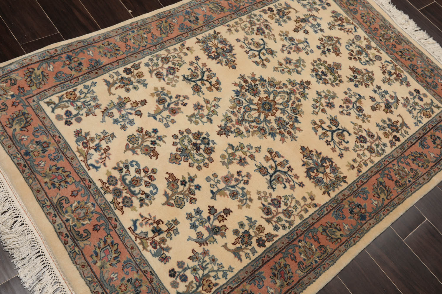 4x6 Ivory, Rose, Blue Color Hand Knotted Kerman 100% Wool Traditional Oriental Rug