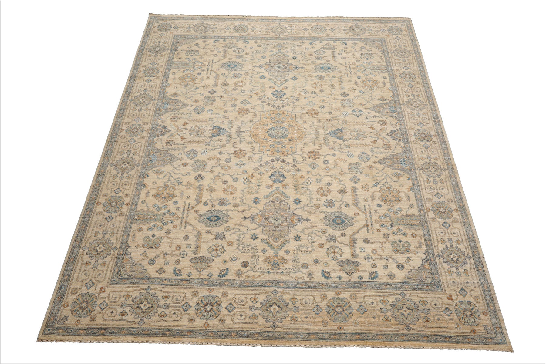 8x10 Beige, Gold, Aqua Color Hand Knotted Oushak Wool Traditional Oriental Rug