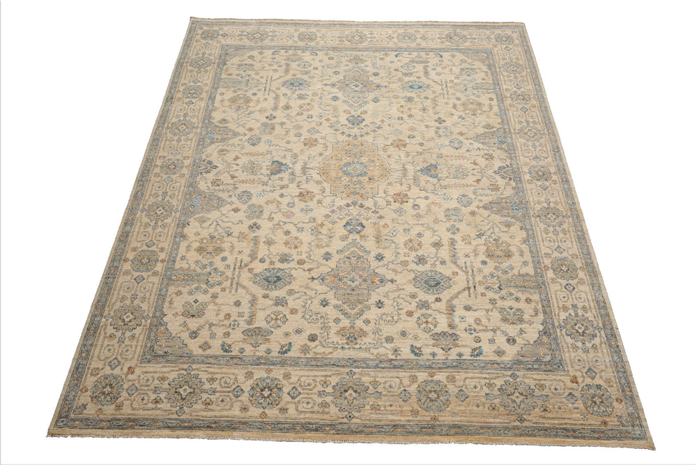 8x10 Beige, Gold, Aqua Color Hand Knotted Oushak Wool Traditional Oriental Rug