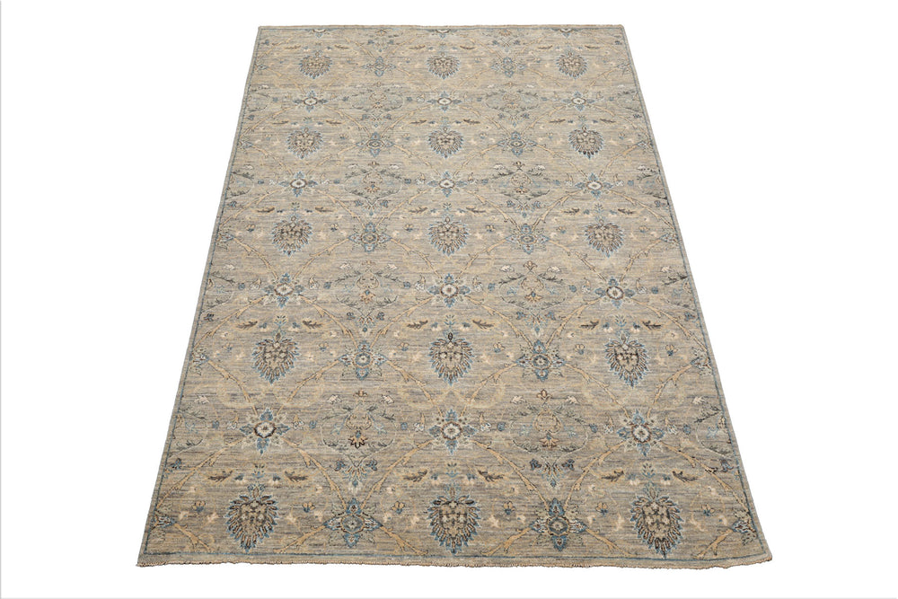 6x9 Gray, Beige, Turquoise Color Hand Knotted Oushak Wool Traditional Oriental Rug