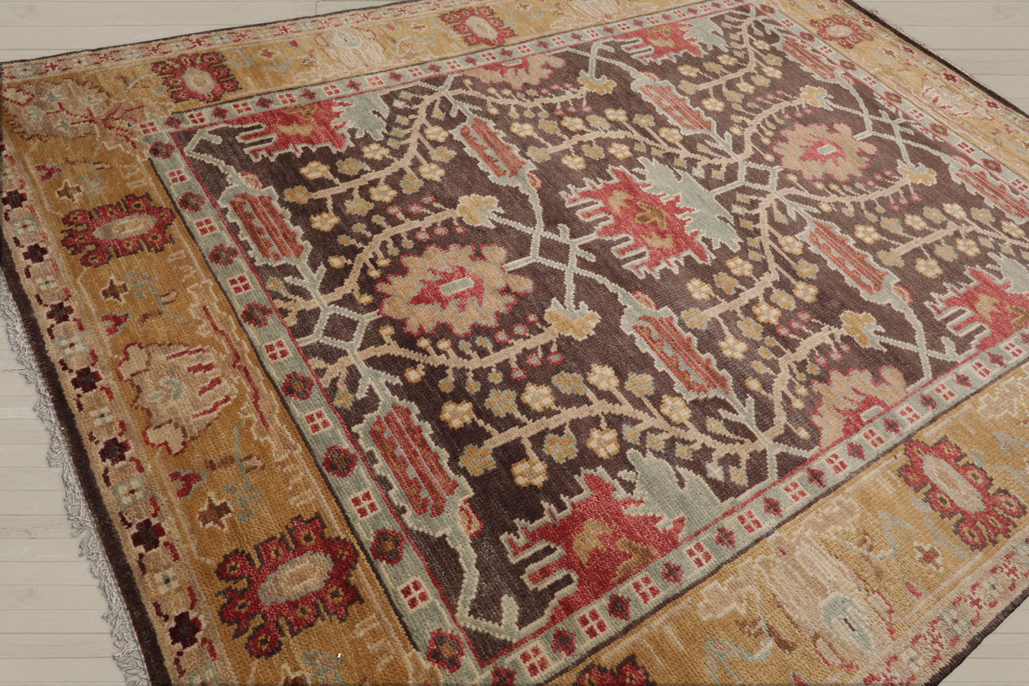 Multi Size Brown Mustard Beige Color Hand Knotted William Morris Wool  Oriental Rug