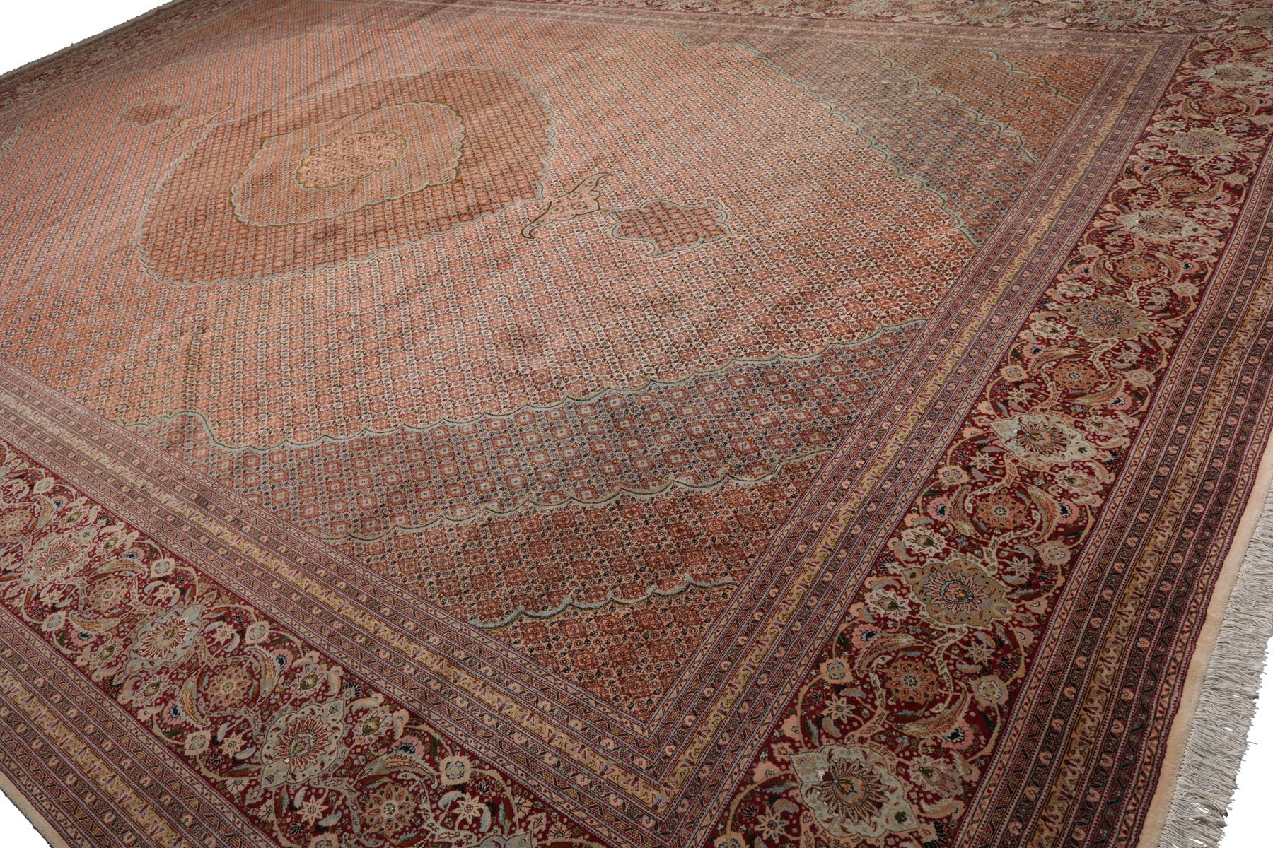 Knotted Rug Beige Rust Hand Knotted Palace Size Persian Traditional Wool and Silk Oriental Area Rug