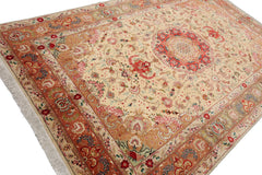 Knotted Rug Ivory Peach Hand Knotted 6'x9' Tabriz Traditional 300 KPSI Wool and Silk Oriental Area Rug