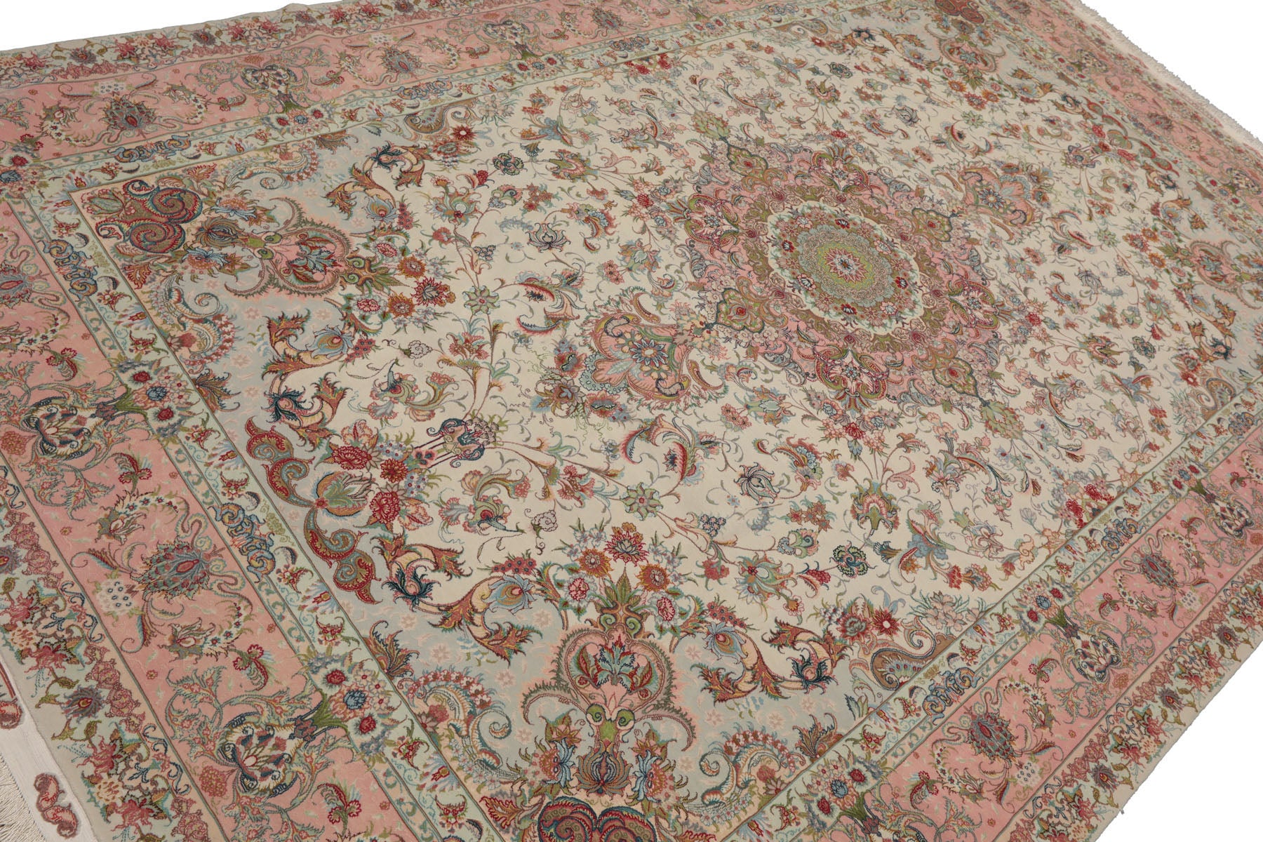 Knotted Rug Ivory Blush Hand Knotted 6'x9' Tabriz Master Weaver Signed Traditional 400 KPSI Wool and Silk Oriental Area Rug