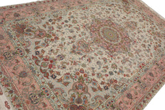 Knotted Rug Ivory Blush Hand Knotted 6'x9' Tabriz Master Weaver Signed Traditional 400 KPSI Wool and Silk Oriental Area Rug