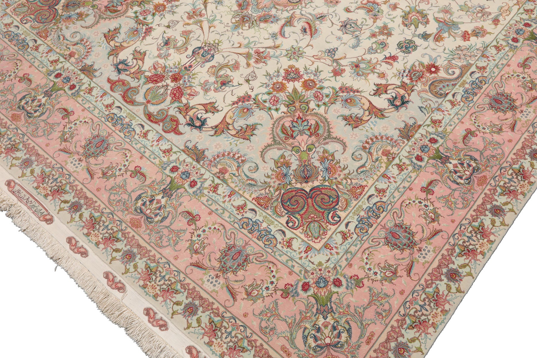 Knotted Rug Ivory Blush Hand Knotted 6'x9' Tabriz Master Weaver Signed Traditional 400 KPSI Wool and Silk Oriental Area Rug