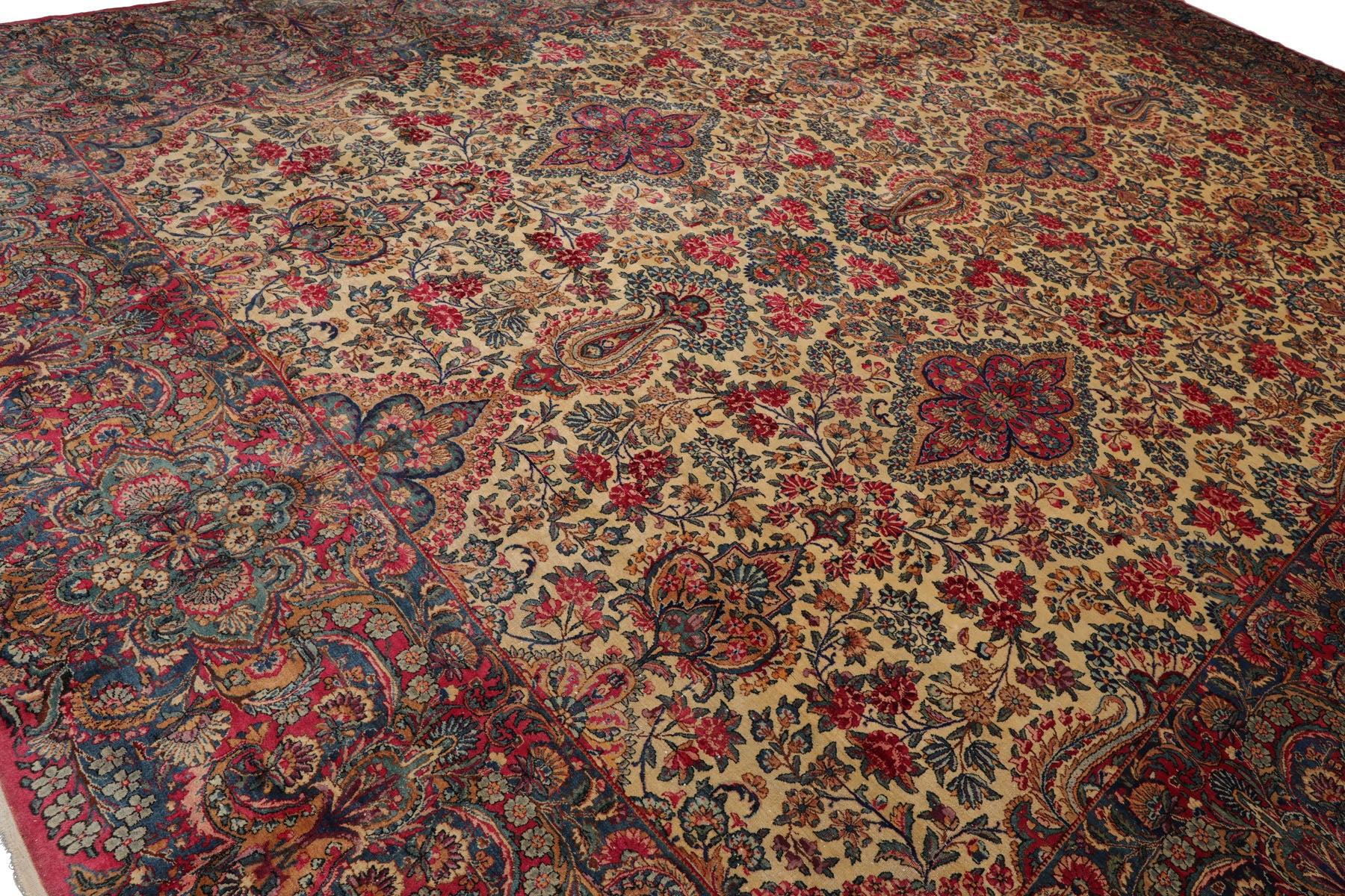 Knotted Rug Ivory Blue Hand Knotted Palace Size Antique Isfahan Traditional 300 KPSI 100% Wool Oriental Area Rug