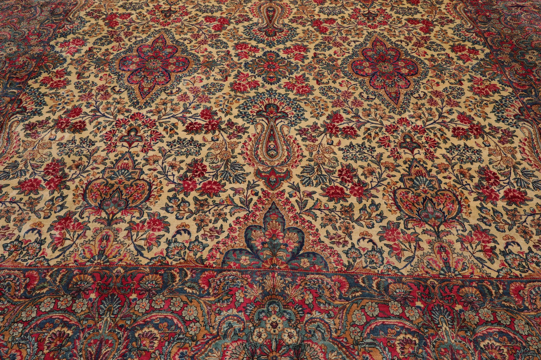 Knotted Rug Ivory Blue Hand Knotted Palace Size Antique Isfahan Traditional 300 KPSI 100% Wool Oriental Area Rug