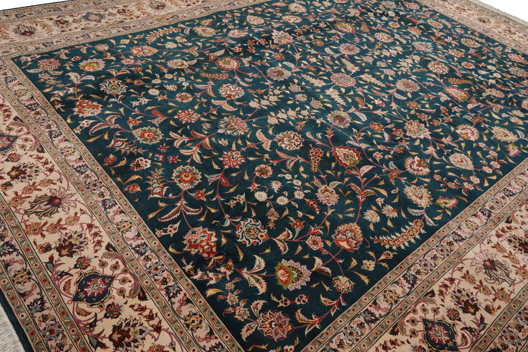 Knotted Rug Teal Beige Hand Knotted 10'x14' Tabriz Traditional 400 KPSI Wool and Silk Oriental Area Rug