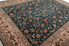 Knotted Rug Teal Beige Hand Knotted 10'x14' Tabriz Traditional 400 KPSI Wool and Silk Oriental Area Rug