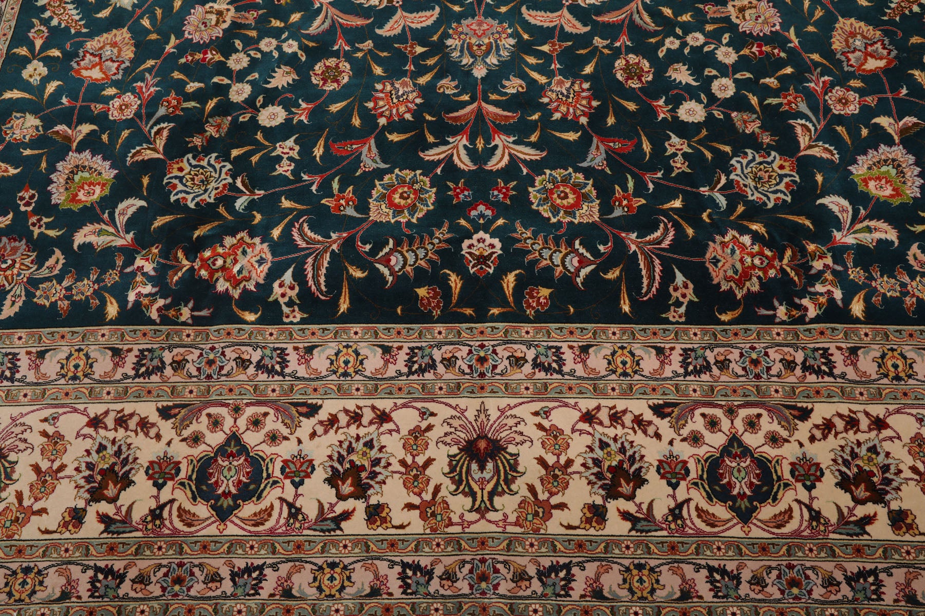Knotted Rug Teal Beige Hand Knotted 10'x14' Tabriz Traditional 400 KPSI Wool and Silk Oriental Area Rug