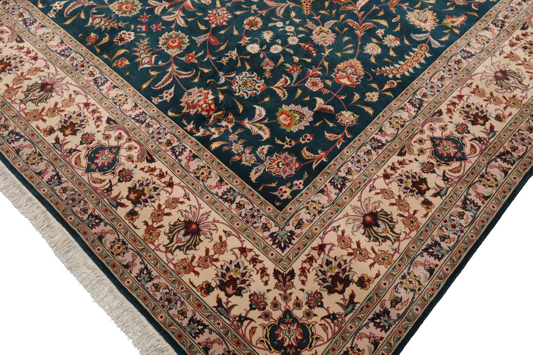 Knotted Rug Teal Beige Hand Knotted 10'x14' Tabriz Traditional 400 KPSI Wool and Silk Oriental Area Rug