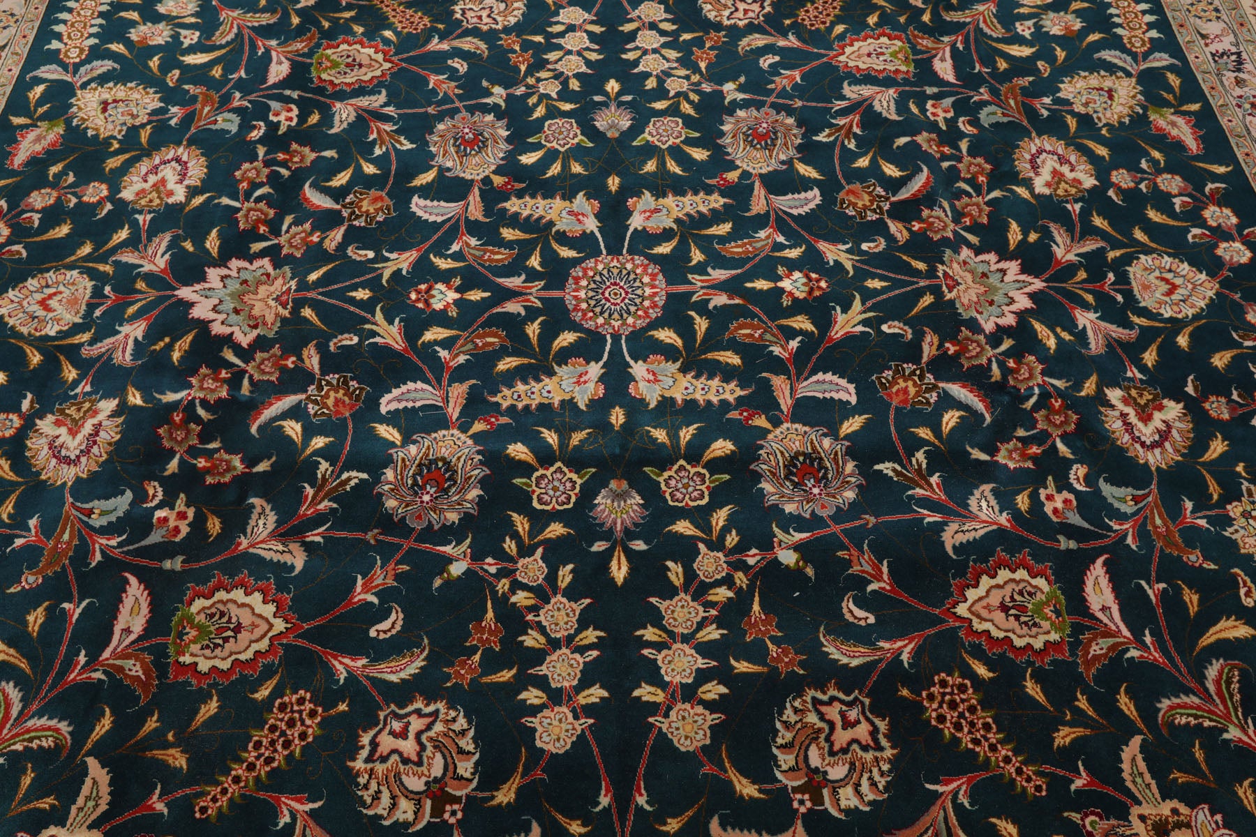 Knotted Rug Teal Beige Hand Knotted 10'x14' Tabriz Traditional 400 KPSI Wool and Silk Oriental Area Rug