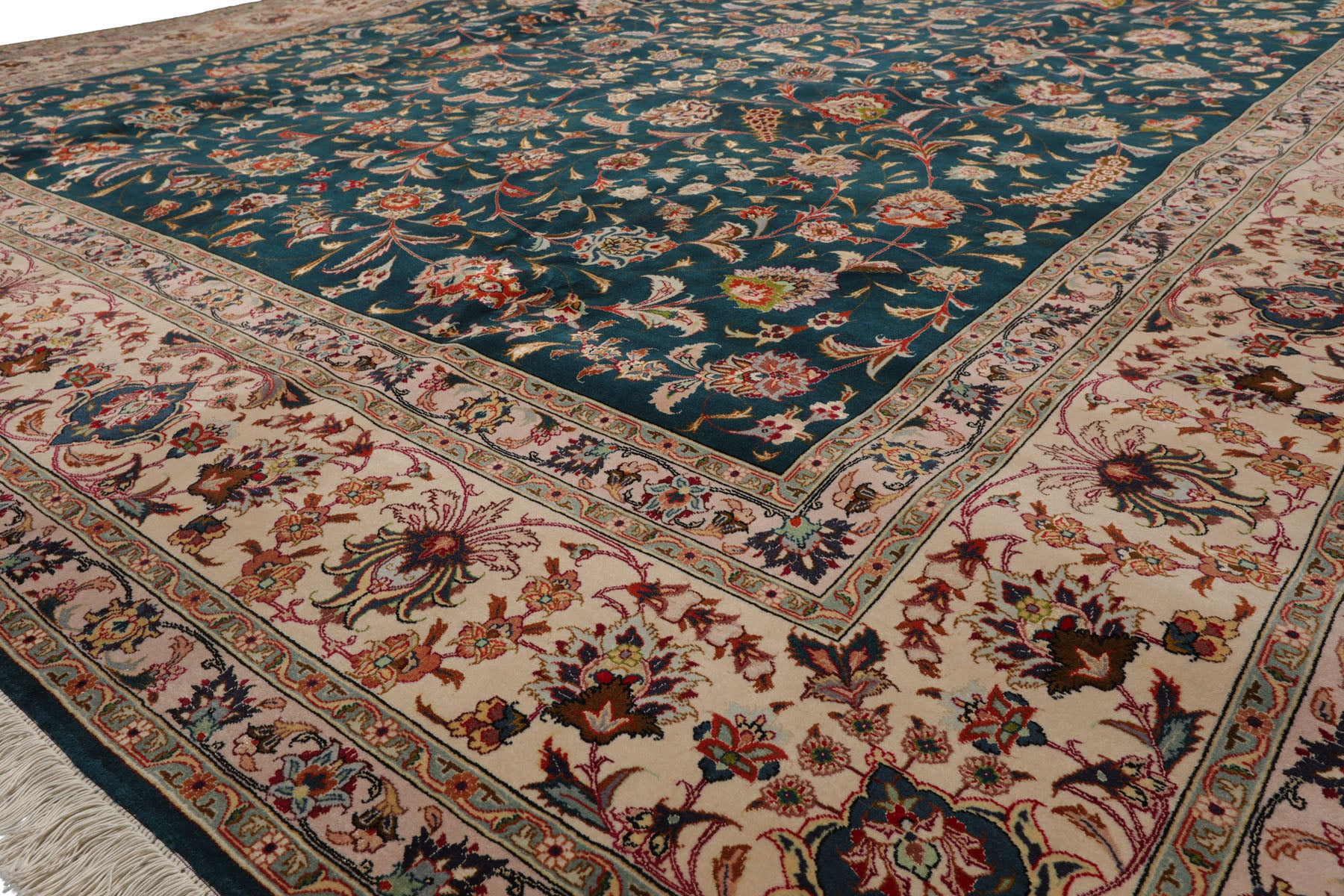 Knotted Rug Teal Beige Hand Knotted 10'x14' Tabriz Traditional 400 KPSI Wool and Silk Oriental Area Rug