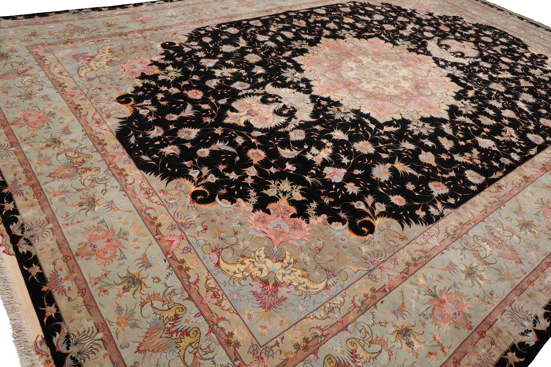 Knotted Rug Black Aqua Hand Knotted Palace Size Tabriz Traditional 400 KPSI Wool and Silk Oriental Area Rug