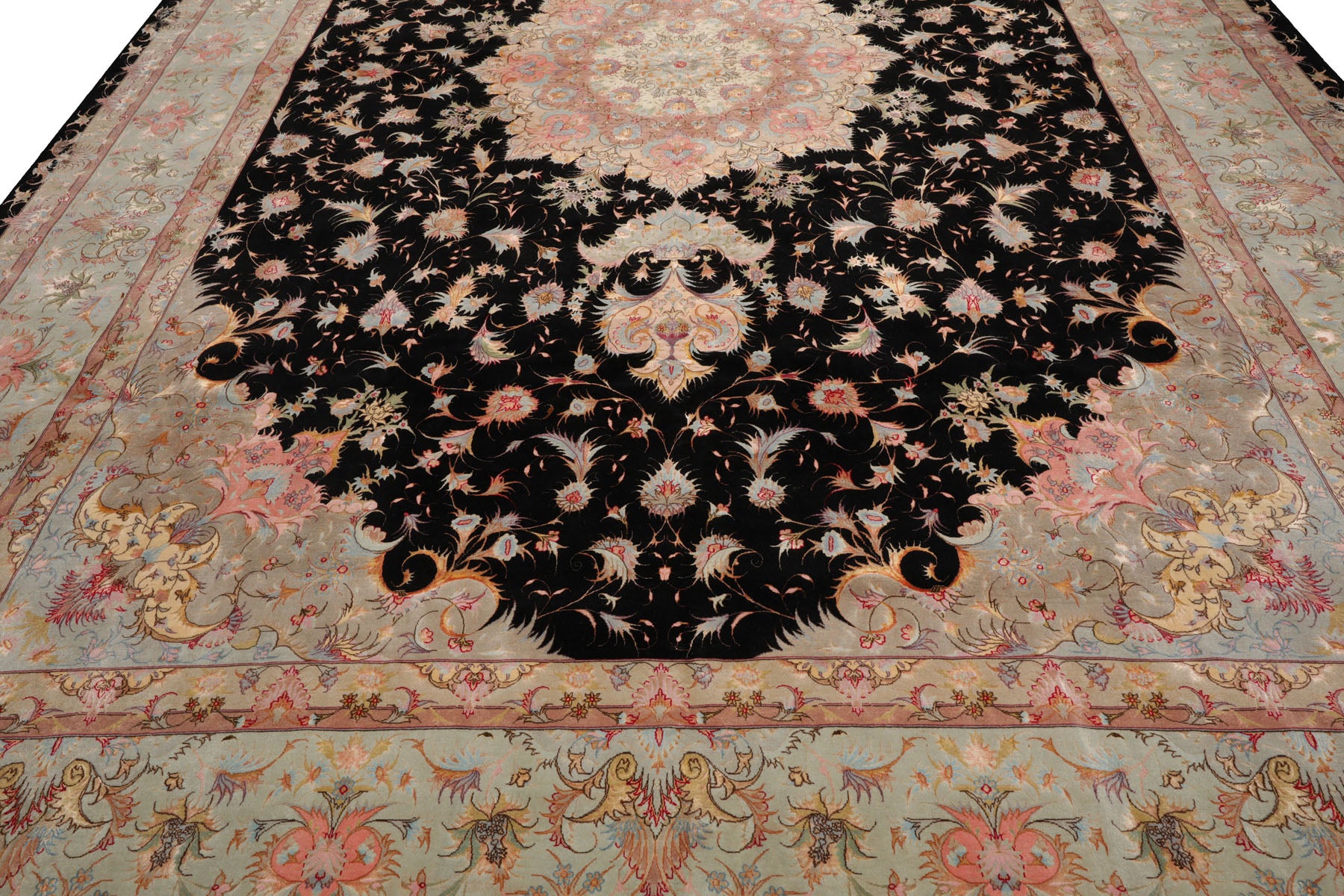 Knotted Rug Black Aqua Hand Knotted Palace Size Tabriz Traditional 400 KPSI Wool and Silk Oriental Area Rug