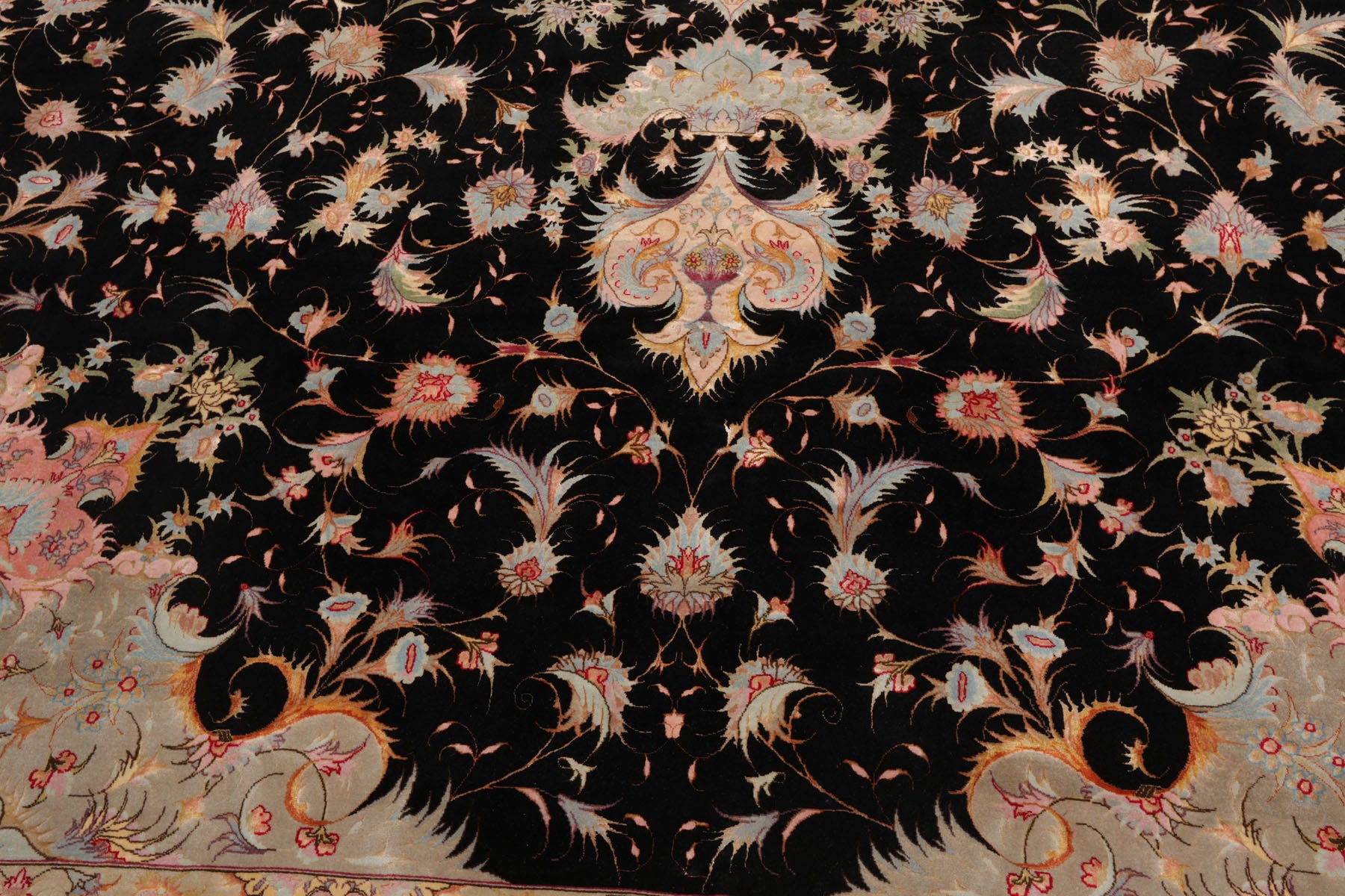 Knotted Rug Black Aqua Hand Knotted Palace Size Tabriz Traditional 400 KPSI Wool and Silk Oriental Area Rug