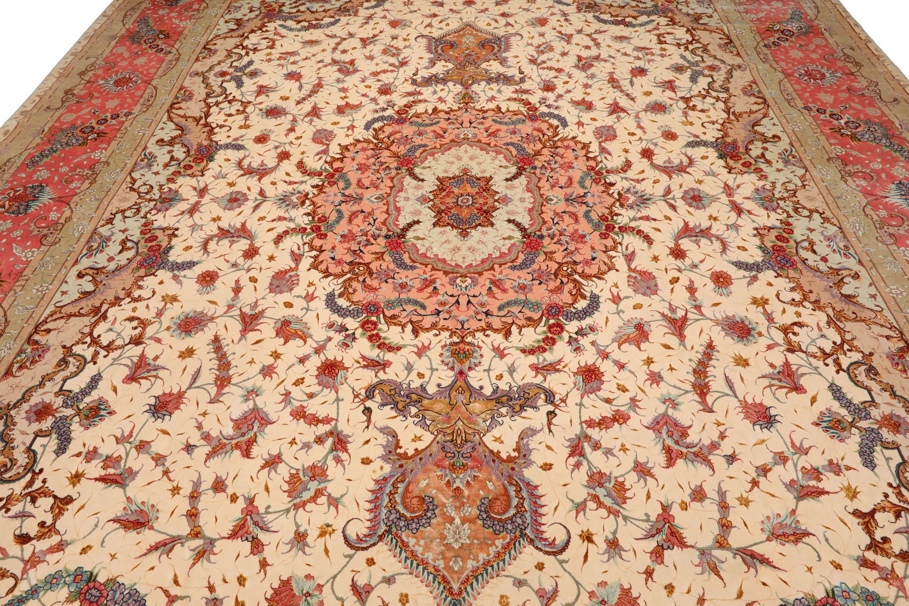 Knotted Rug Ivory Rose Hand Knotted Palace Size Tabriz Master Weaver Signed Traditional 350 KPSI Wool and Silk Oriental Area Rug