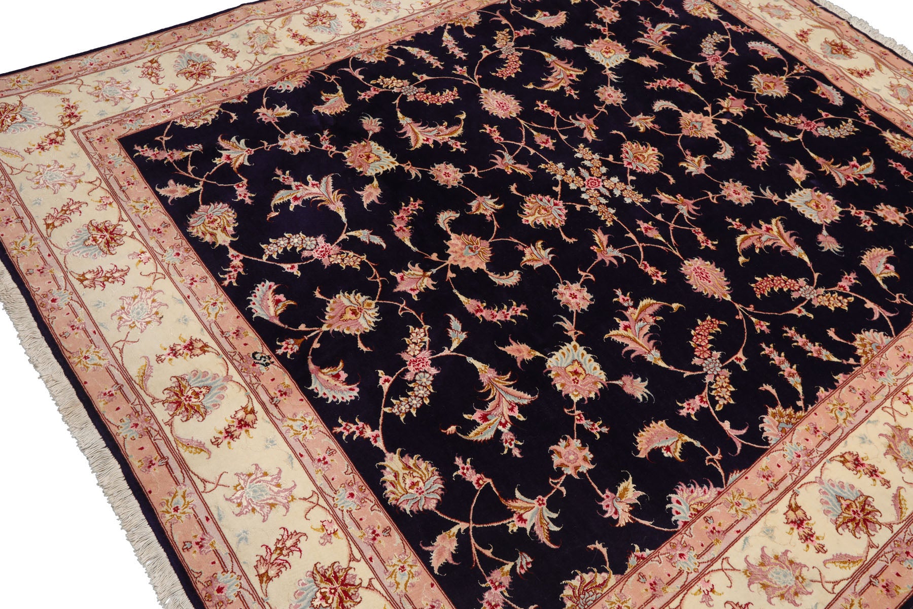Knotted Rug Blue Ivory Hand Knotted 5'x7' Persian Tabriz Traditional 300 KPSI Wool and Silk Oriental Area Rug