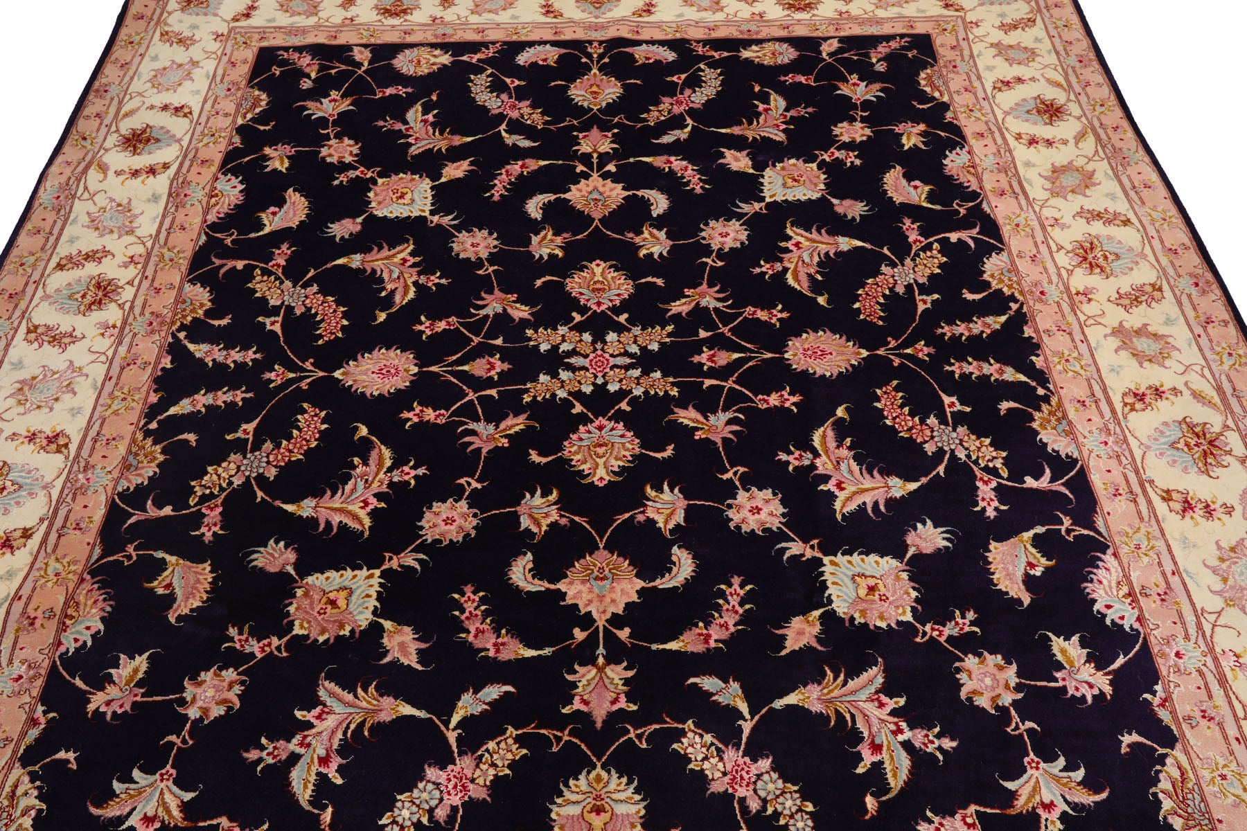 Knotted Rug Blue Ivory Hand Knotted 5'x7' Persian Tabriz Traditional 300 KPSI Wool and Silk Oriental Area Rug