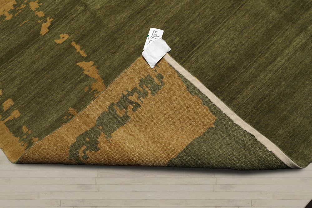 8x10 Green, Muted Gold, Color Hand Knotted  100% Wool Modern Oriental Rug