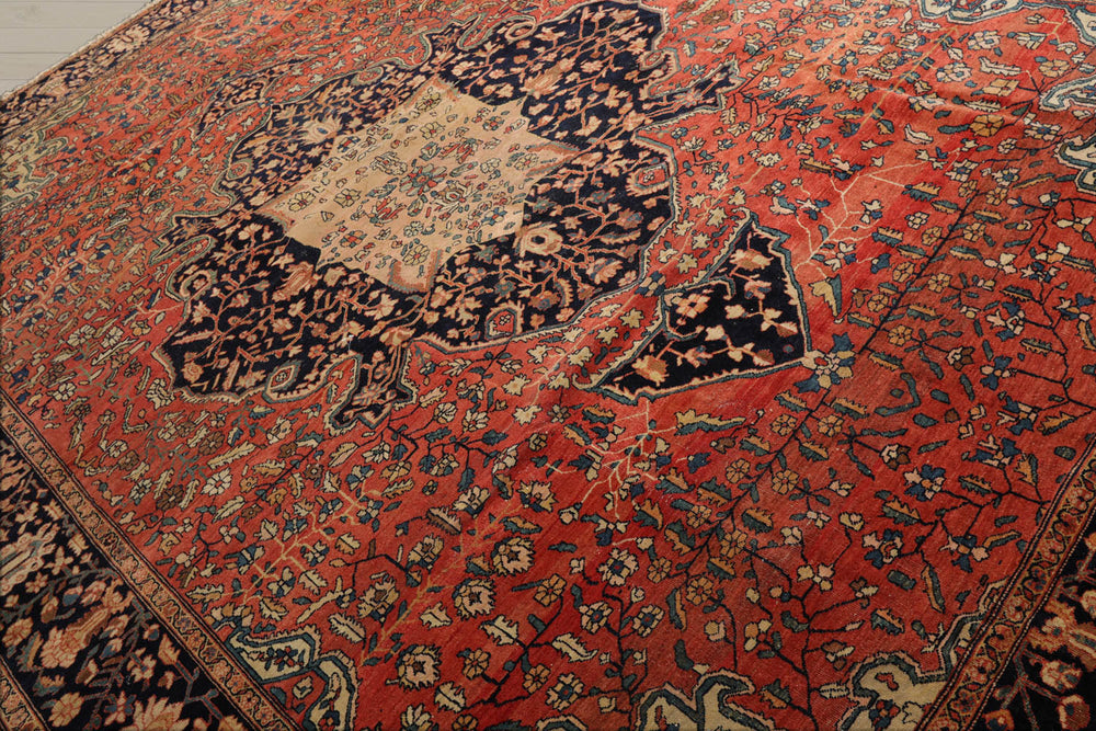 9x12 Rose, Midnight Blue, Ivory Color Hand Knotted Ferahan 100% Wool Traditional Oriental Rug
