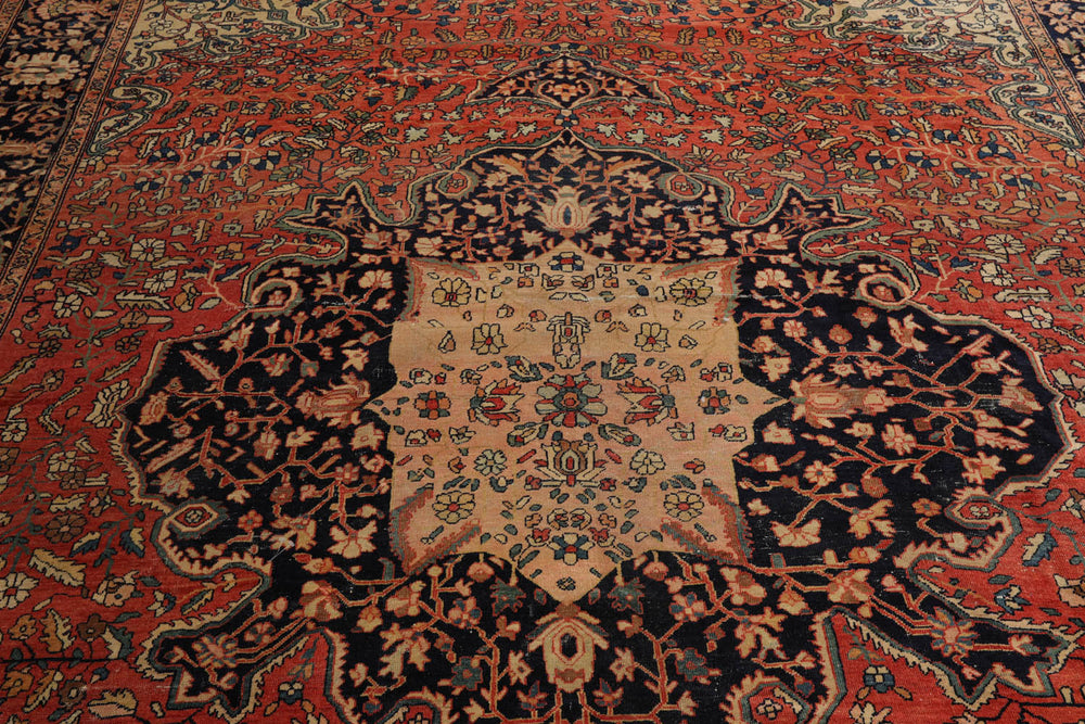 9x12 Rose, Midnight Blue, Ivory Color Hand Knotted Ferahan 100% Wool Traditional Oriental Rug