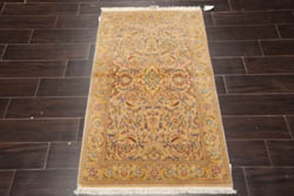 3x5 Tan, Light Gold, Blue Color Hand Knotted Pak Persian 100% Wool Traditional Oriental Rug