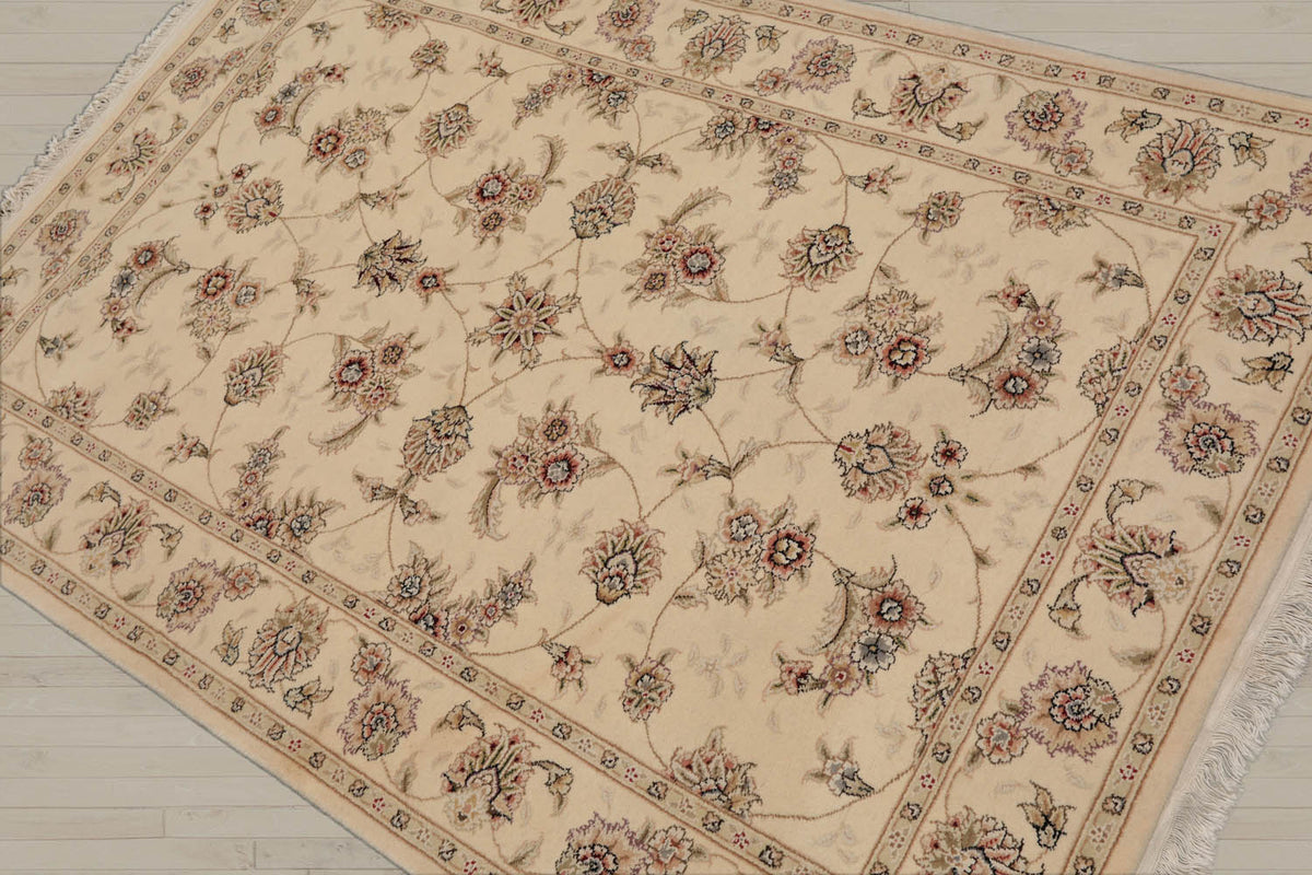 4x6 Ivory, Brown, Gray Color Hand Knotted Sino Persian Wool & Silk Traditional Oriental Rug