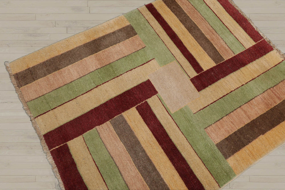 3x5 Beige, Rust, Mint Color Hand Knotted Peshawar 100% Wool Modern Oriental Rug