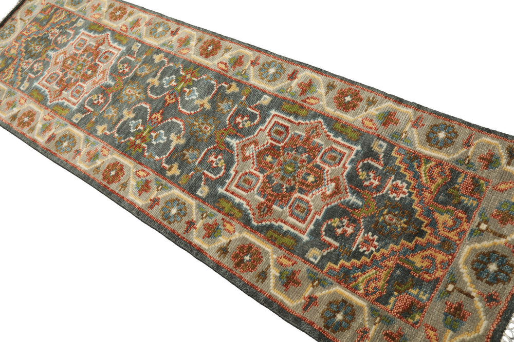 2'6x8 Teal, Gray, Rust Color Hand Knotted Oushak Wool Traditional Oriental Rug