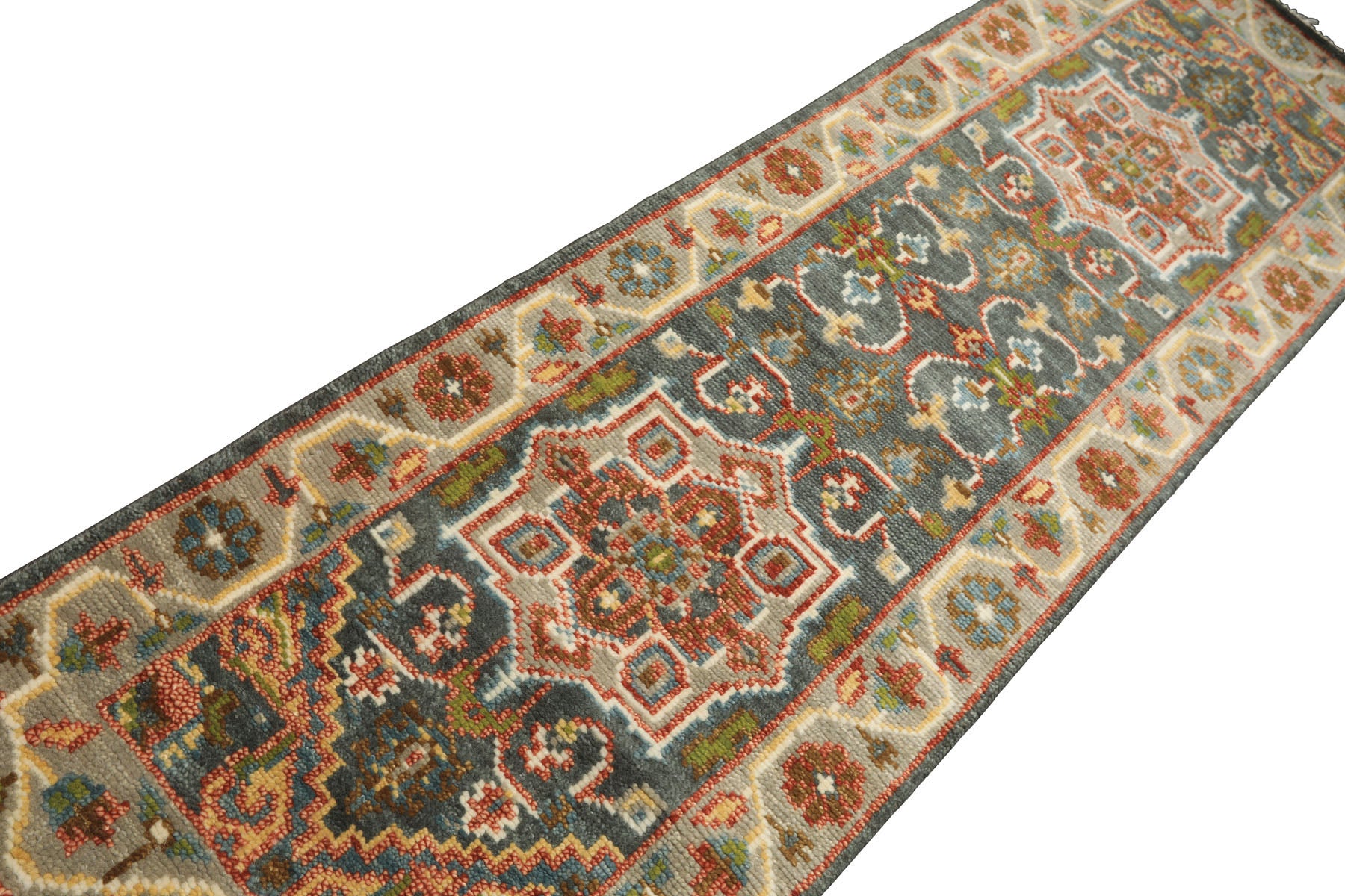 2'6x8 Teal, Gray, Rust Color Hand Knotted Oushak Wool Traditional Oriental Rug
