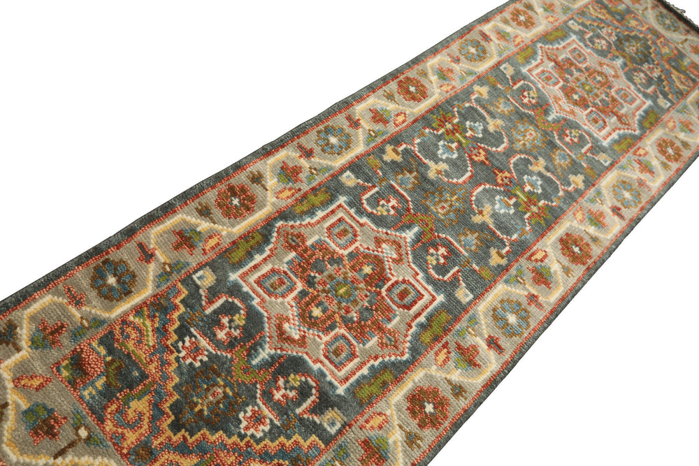2'6x8 Teal, Gray, Rust Color Hand Knotted Oushak Wool Traditional Oriental Rug