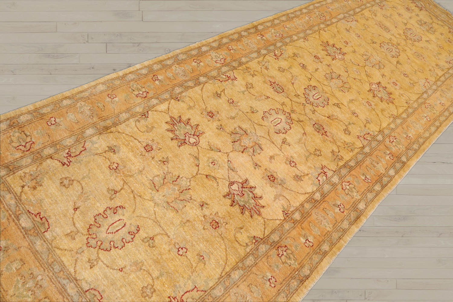 Runner Beige, Gold, Slate Color Hand Knotted Chobi Peshawar 100% Wool Traditional Oriental Rug