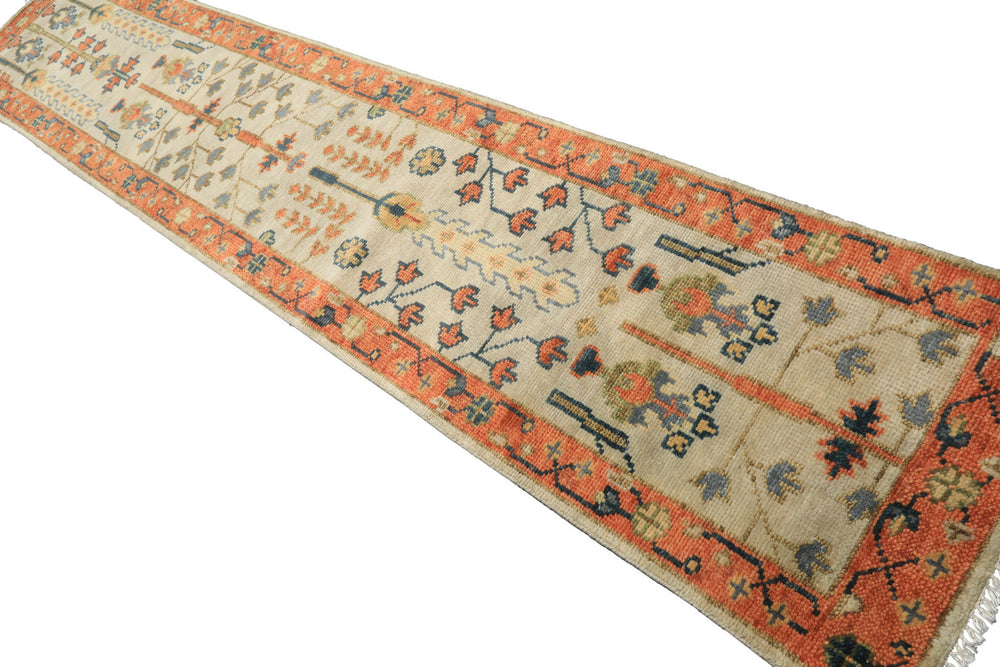 2'6x12 Beige, Burnt Orange, Lime Color Hand Knotted Oushak Wool Traditional Oriental Rug