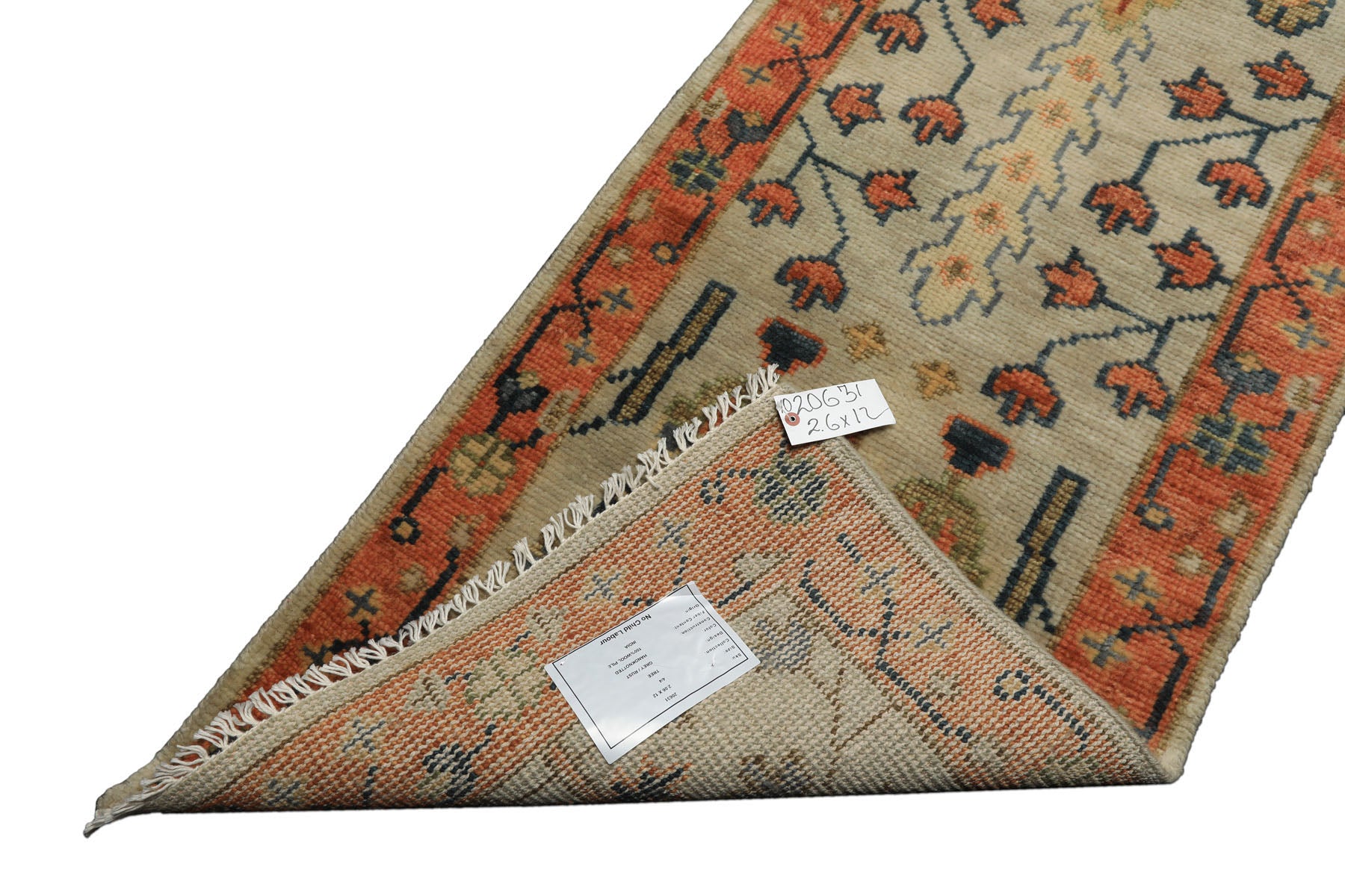 2'6x12 Beige, Burnt Orange, Lime Color Hand Knotted Oushak Wool Traditional Oriental Rug
