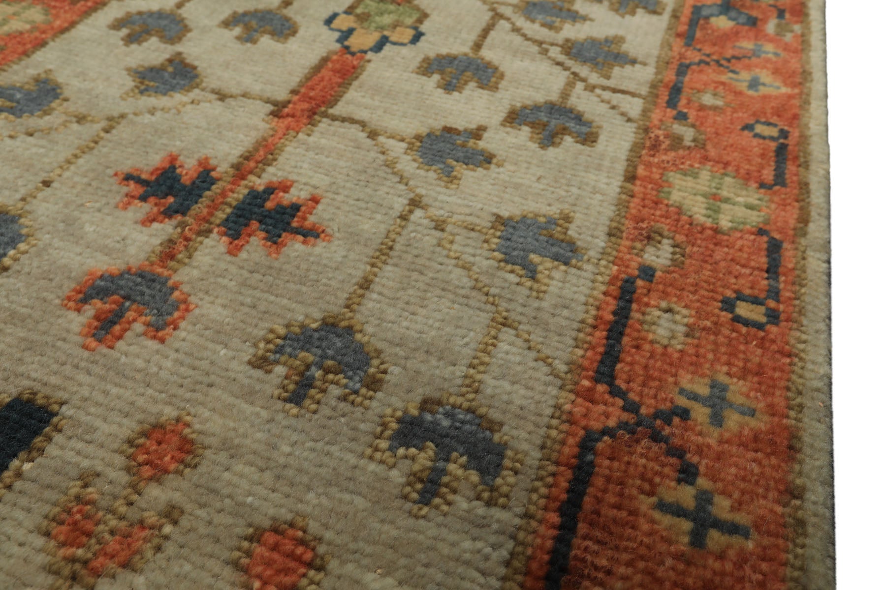 2'6x12 Beige, Burnt Orange, Lime Color Hand Knotted Oushak Wool Traditional Oriental Rug