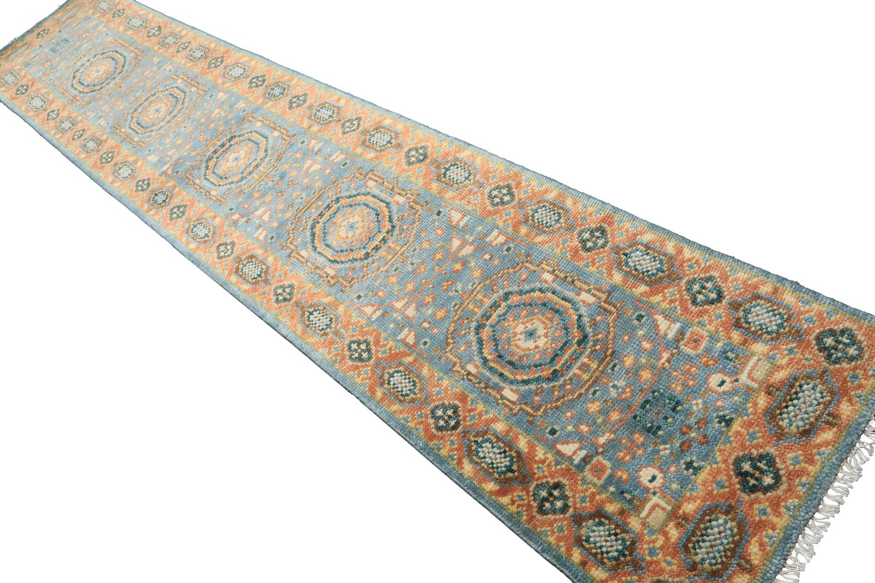 2'6x12 Aqua, Burnt Orange, Lime Color Hand Knotted Oushak Wool Traditional Oriental Rug