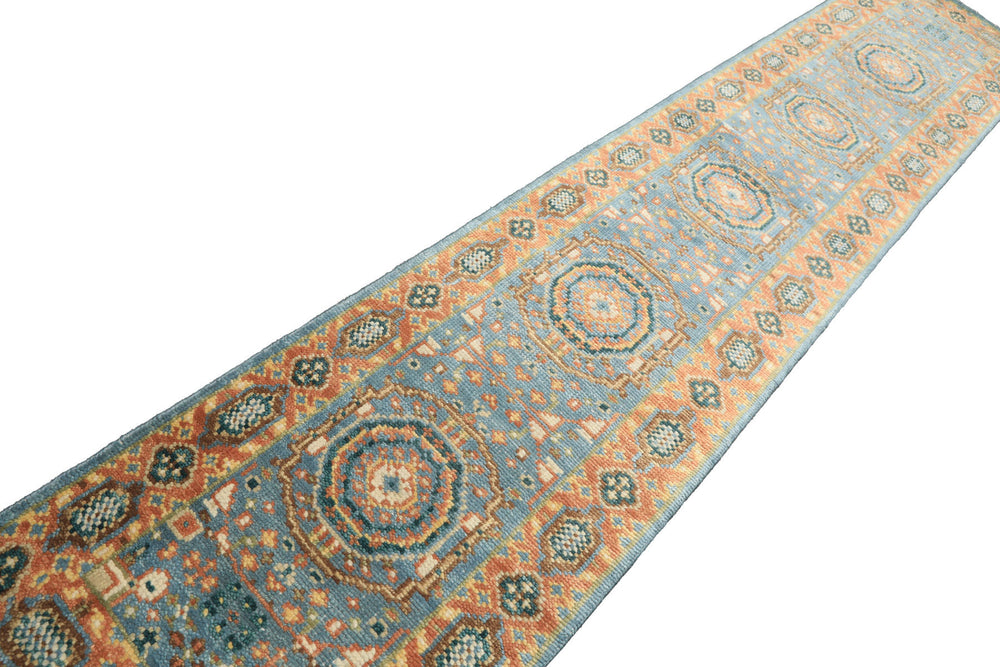 2'6x12 Aqua, Burnt Orange, Lime Color Hand Knotted Oushak Wool Traditional Oriental Rug
