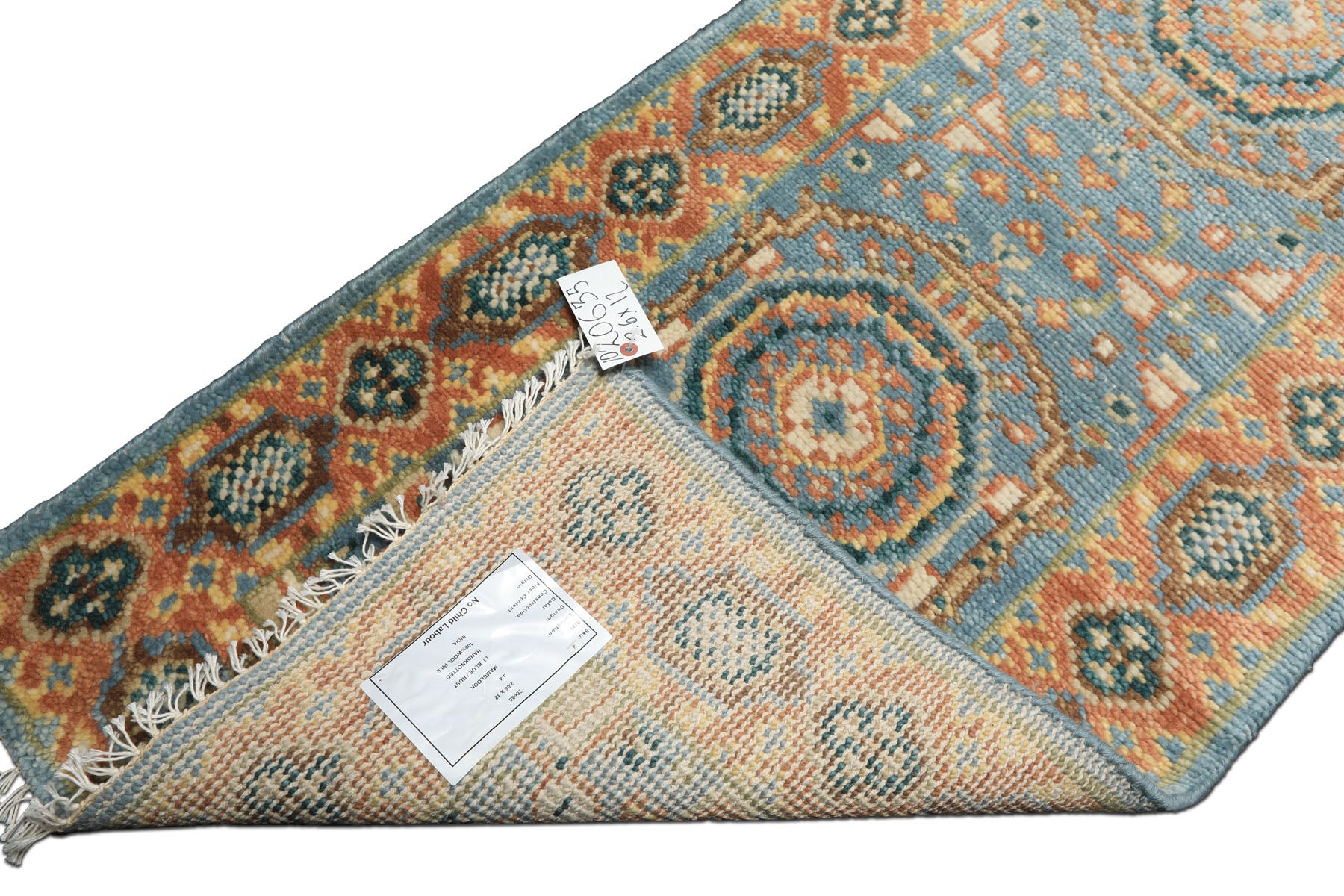 2'6x12 Aqua, Burnt Orange, Lime Color Hand Knotted Oushak Wool Traditional Oriental Rug