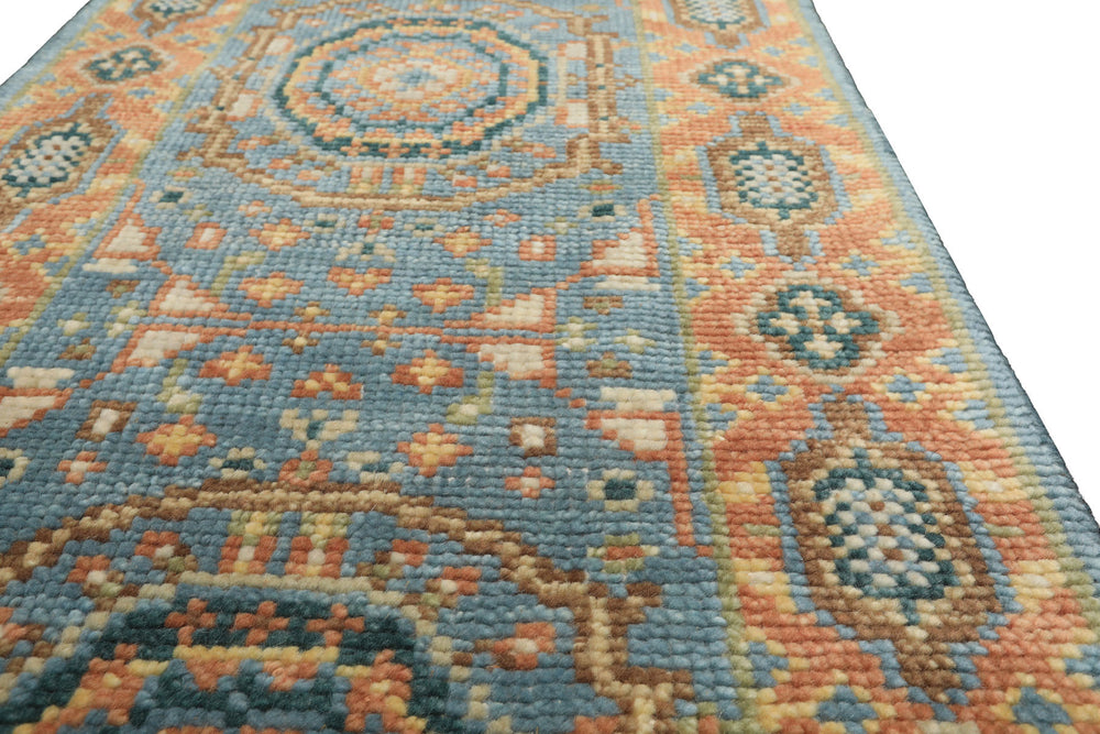 2'6x12 Aqua, Burnt Orange, Lime Color Hand Knotted Oushak Wool Traditional Oriental Rug