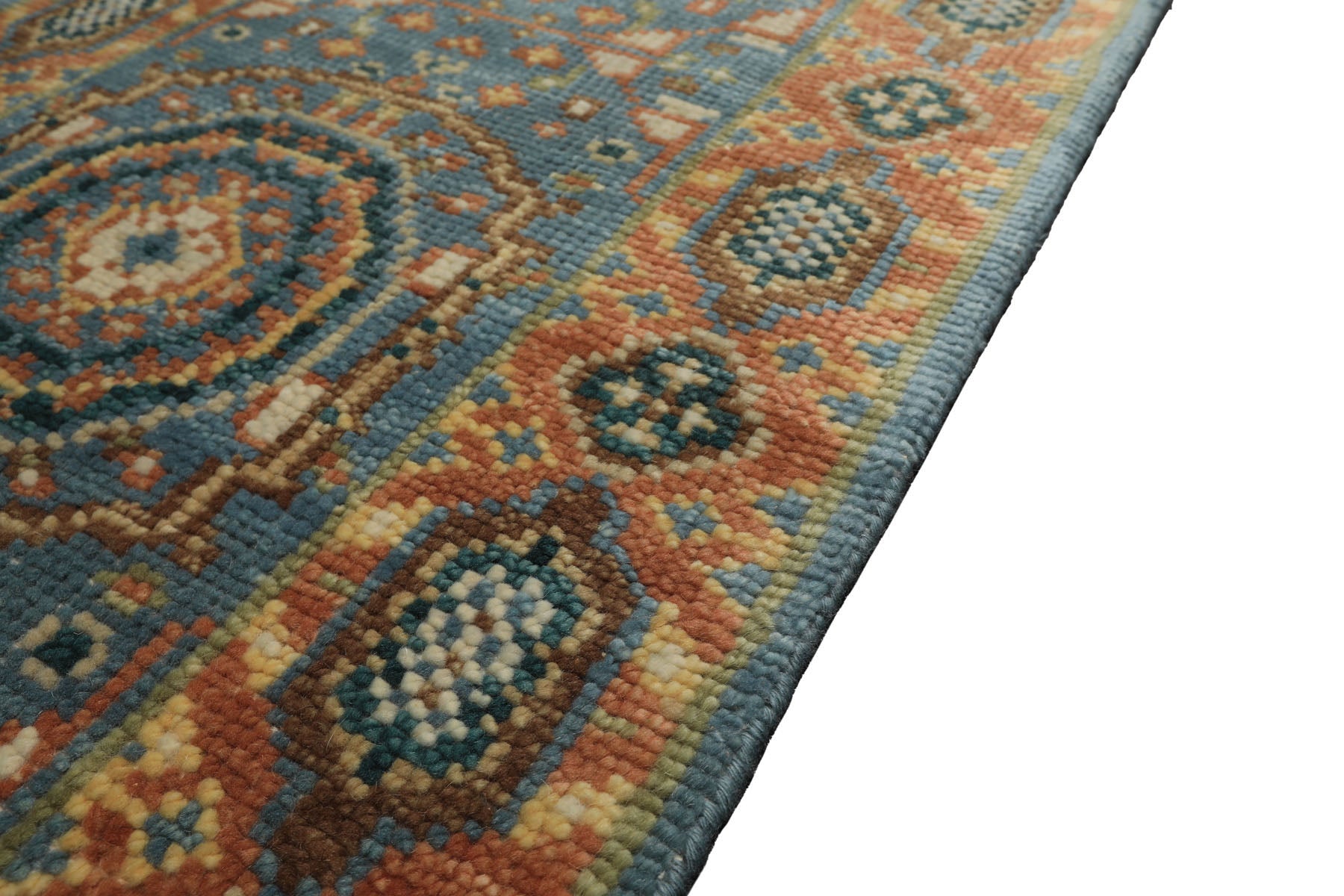 2'6x12 Aqua, Burnt Orange, Lime Color Hand Knotted Oushak Wool Traditional Oriental Rug