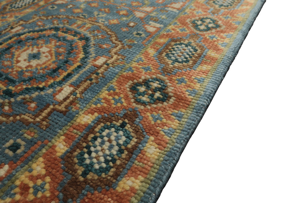 2'6x12 Aqua, Burnt Orange, Lime Color Hand Knotted Oushak Wool Traditional Oriental Rug