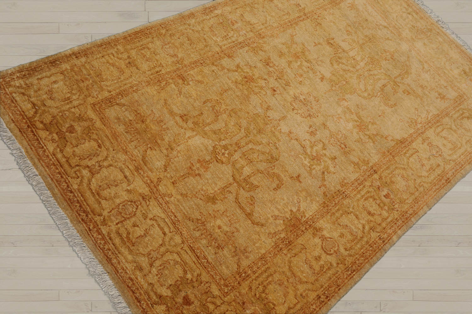 4x6 Light Gold, Brown, Green Color Hand Knotted Chobi Peshawar 100% Wool Traditional Oriental Rug