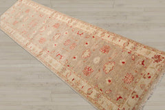 2'6x10 Taupe, Beige, Coral Color Hand Knotted Chobi Peshawar 100% Wool Traditional Oriental Rug