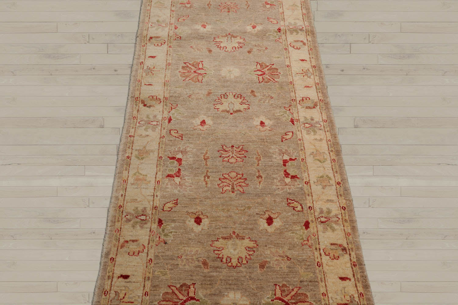 2'6x10 Taupe, Beige, Coral Color Hand Knotted Chobi Peshawar 100% Wool Traditional Oriental Rug
